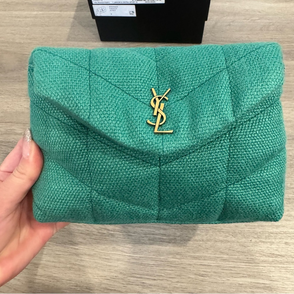 Saint Laurent Denim Quilted Loulou Puffer Monogram Pouch Clutch in Basil color - Picture 10 of 14